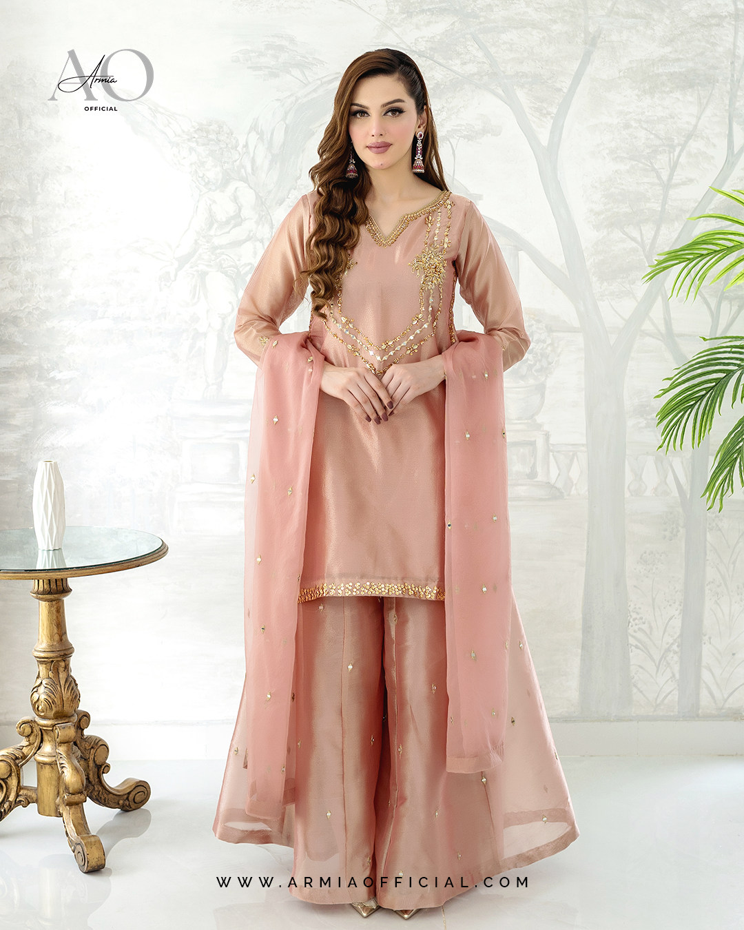 Rose embroidered Pakistani wedding guest sharara dress by Armia Official