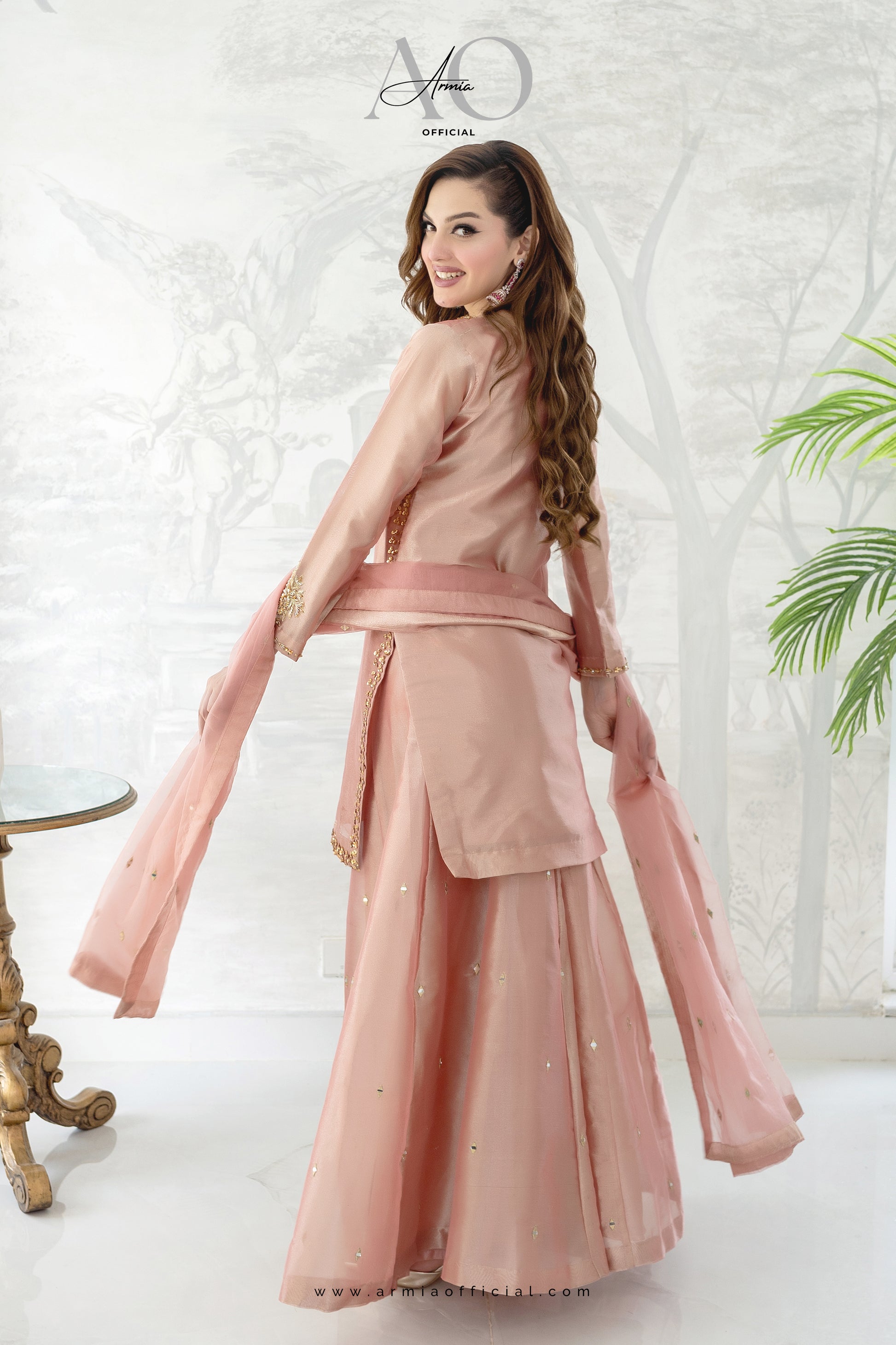 Rose embroidered Pakistani wedding guest sharara dress by Armia Official