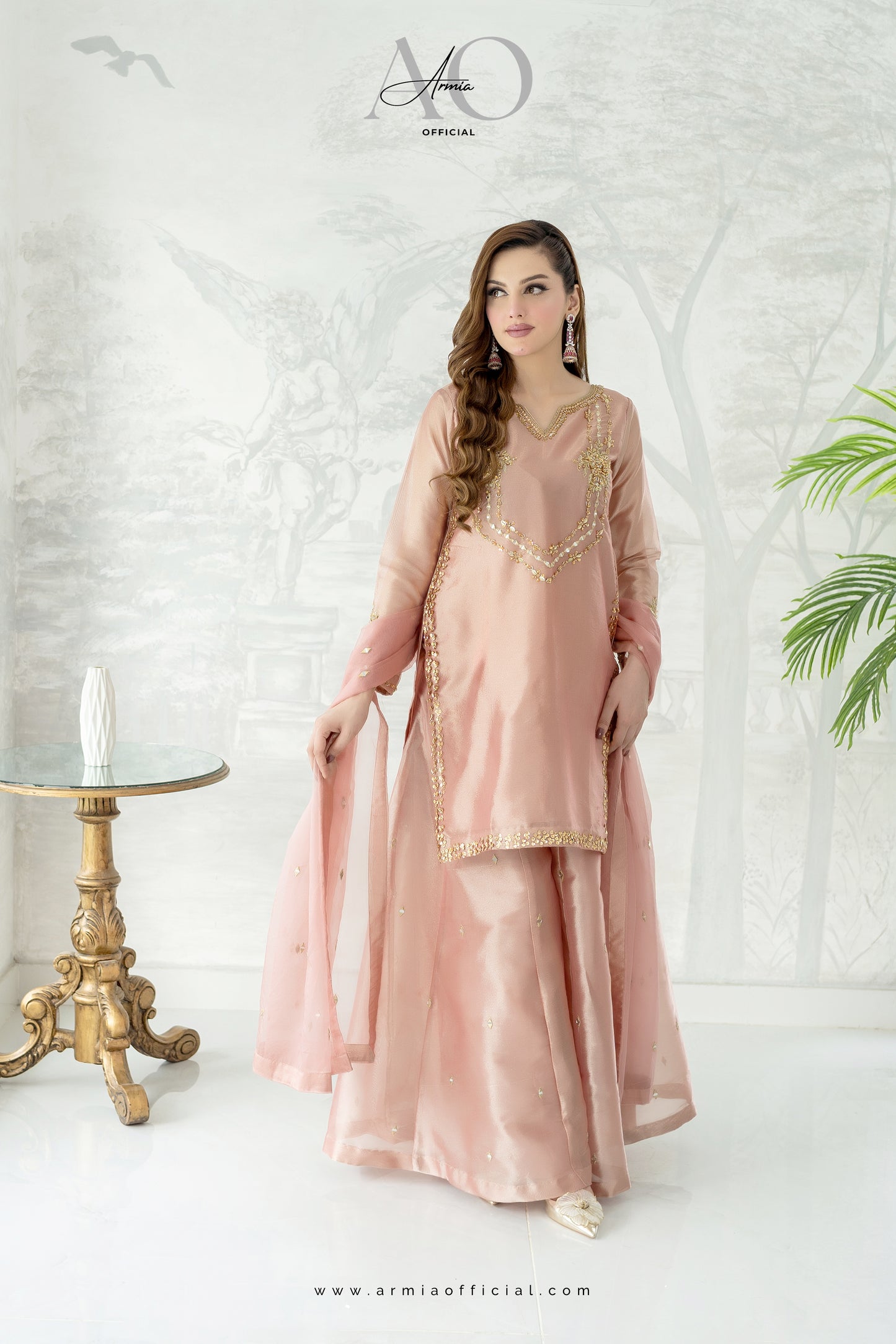 Rose embroidered Pakistani wedding guest sharara dress by Armia Official