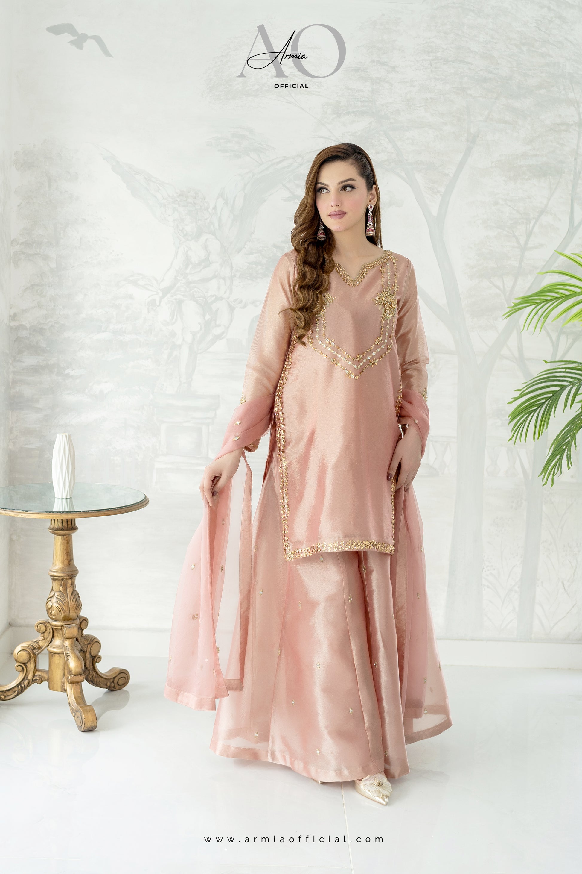 Rose embroidered Pakistani wedding guest sharara dress by Armia Official