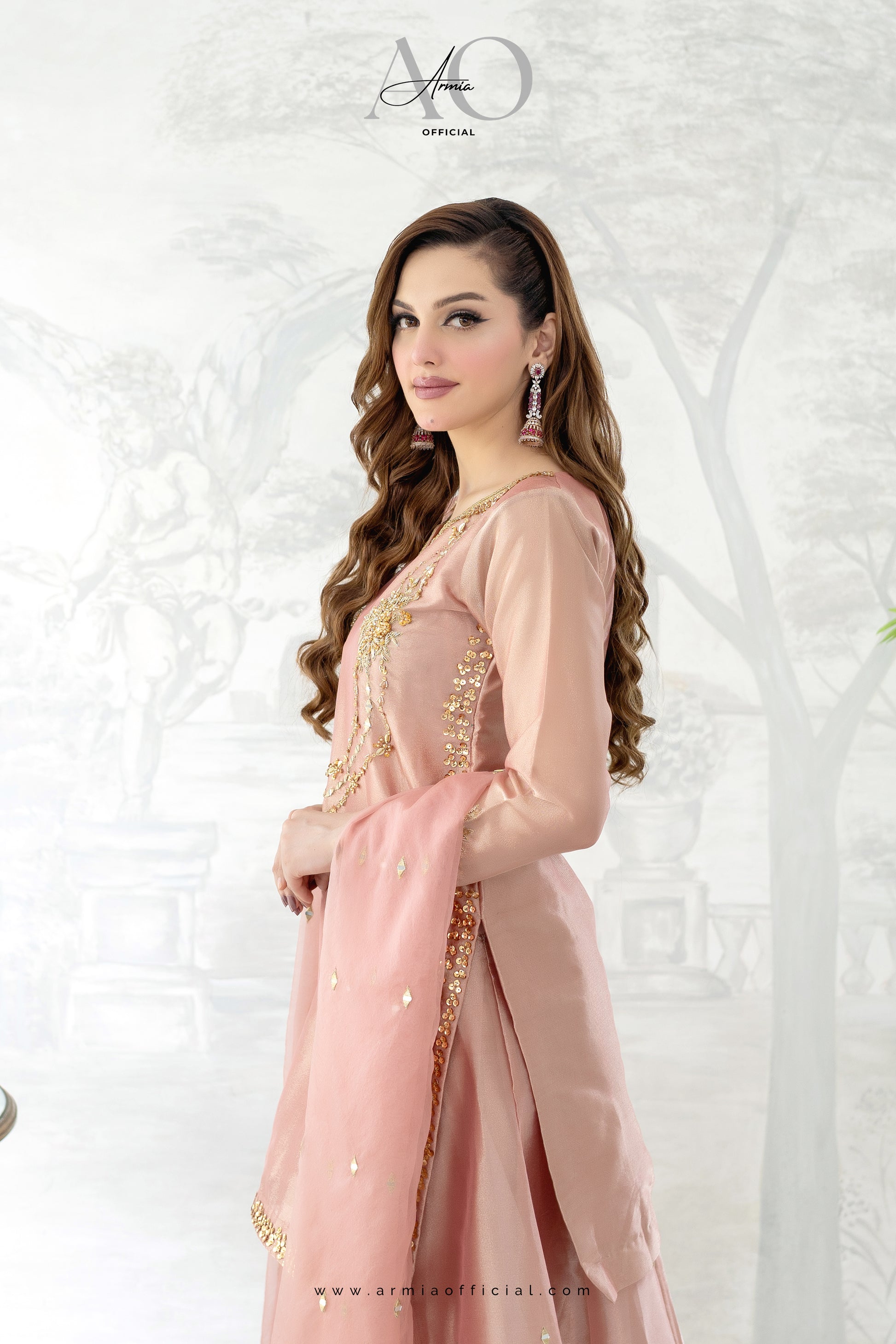 Rose embroidered Pakistani wedding guest sharara dress by Armia Official