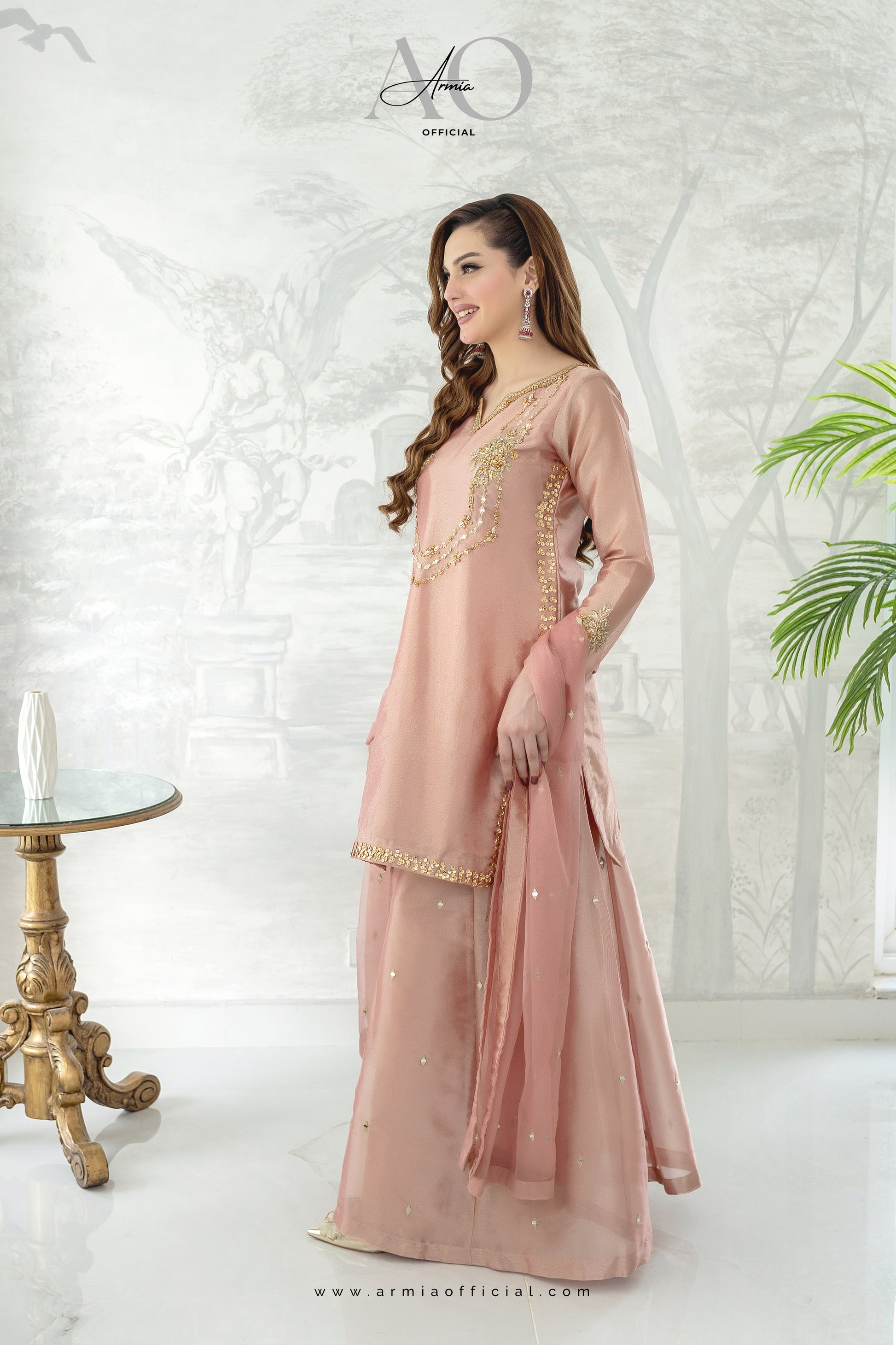 Rose embroidered Pakistani wedding guest sharara dress by Armia Official