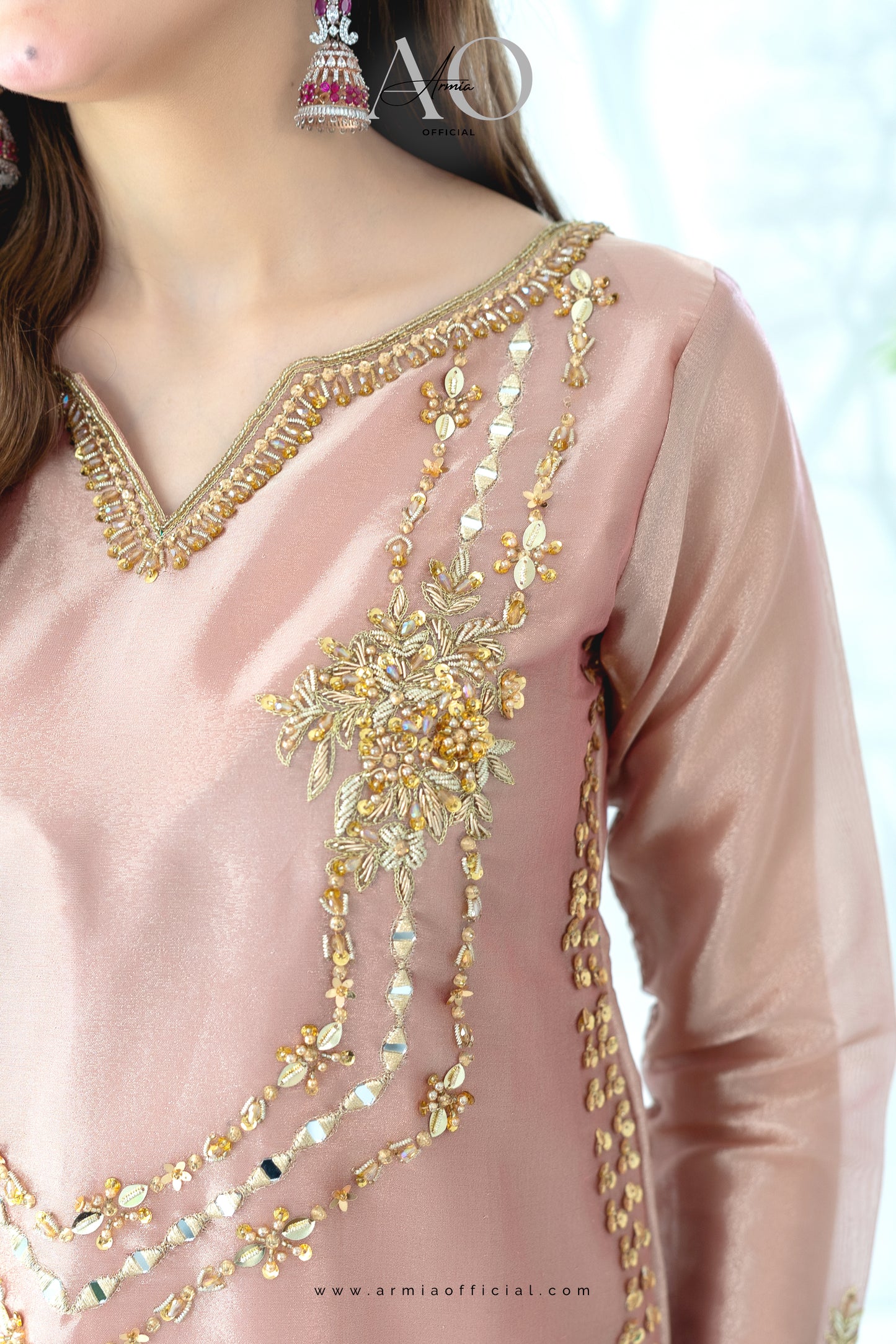 Rose embroidered Pakistani wedding guest sharara dress by Armia Official